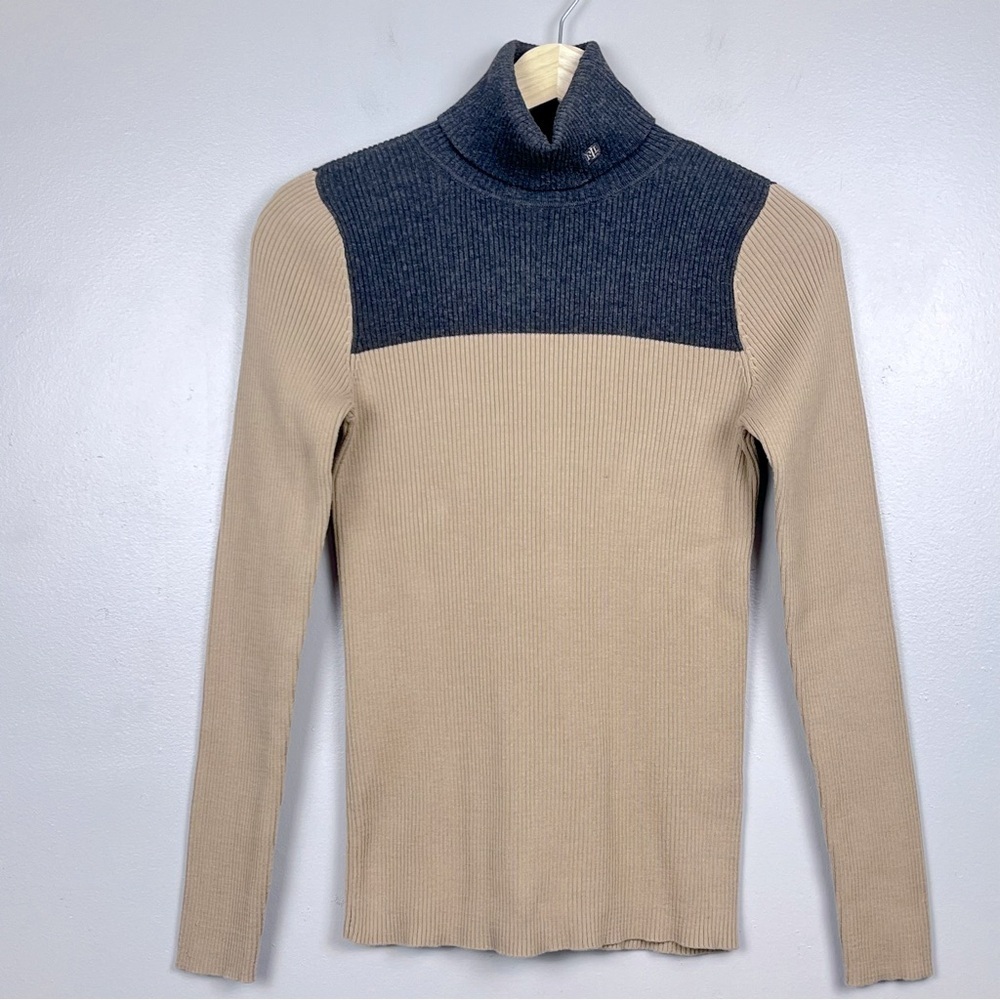 Lauren Ralph Lauren Ribbed Knit Turtleneck Sweater Size S; Colorblock, Monogram